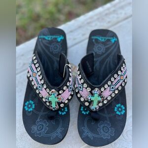 Montana West Black Sandals Pink &  Blue Bead Accents Turquoise Across - S9 NWT